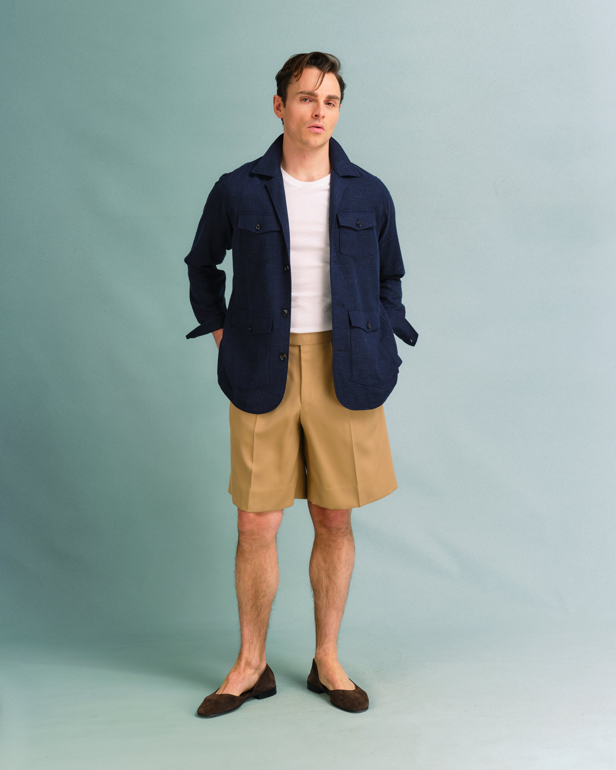Tan Gaberdine Pleated Shorts  Edward Sexton