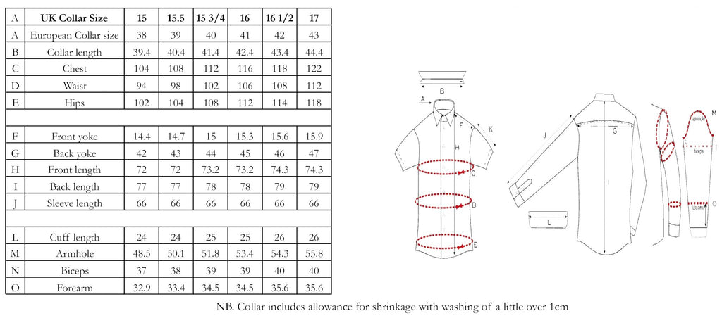 Edward Sexton shirt size chart