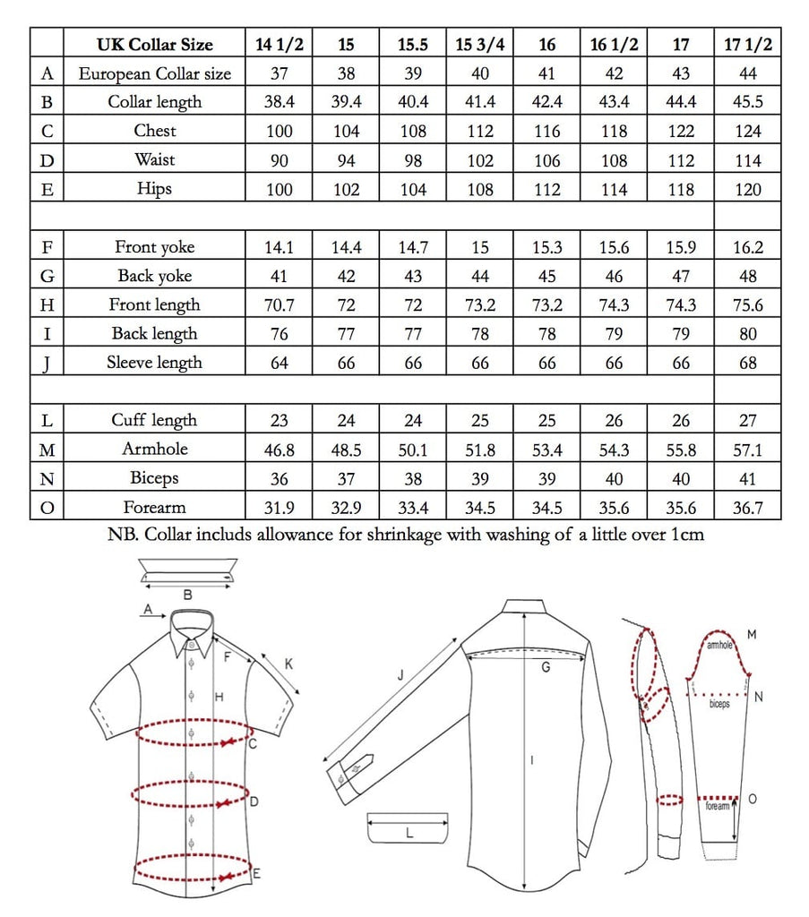 Edward Sexton shirt size chart